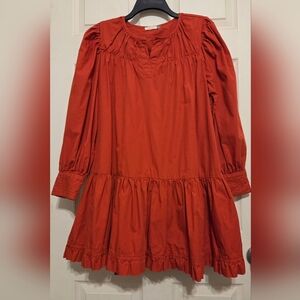 Maude Vivante Rust Red Cotton Peasant Blouse XL Boho Tiered Puff Sleeve Lightwei